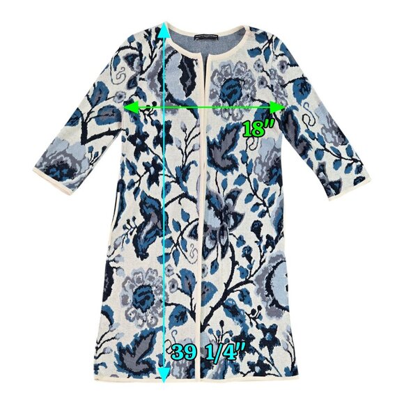 Peruvian Connection 100% Pima Cotton Blue Floral Longline Cardigan Duster Boho - Picture 2 of 8